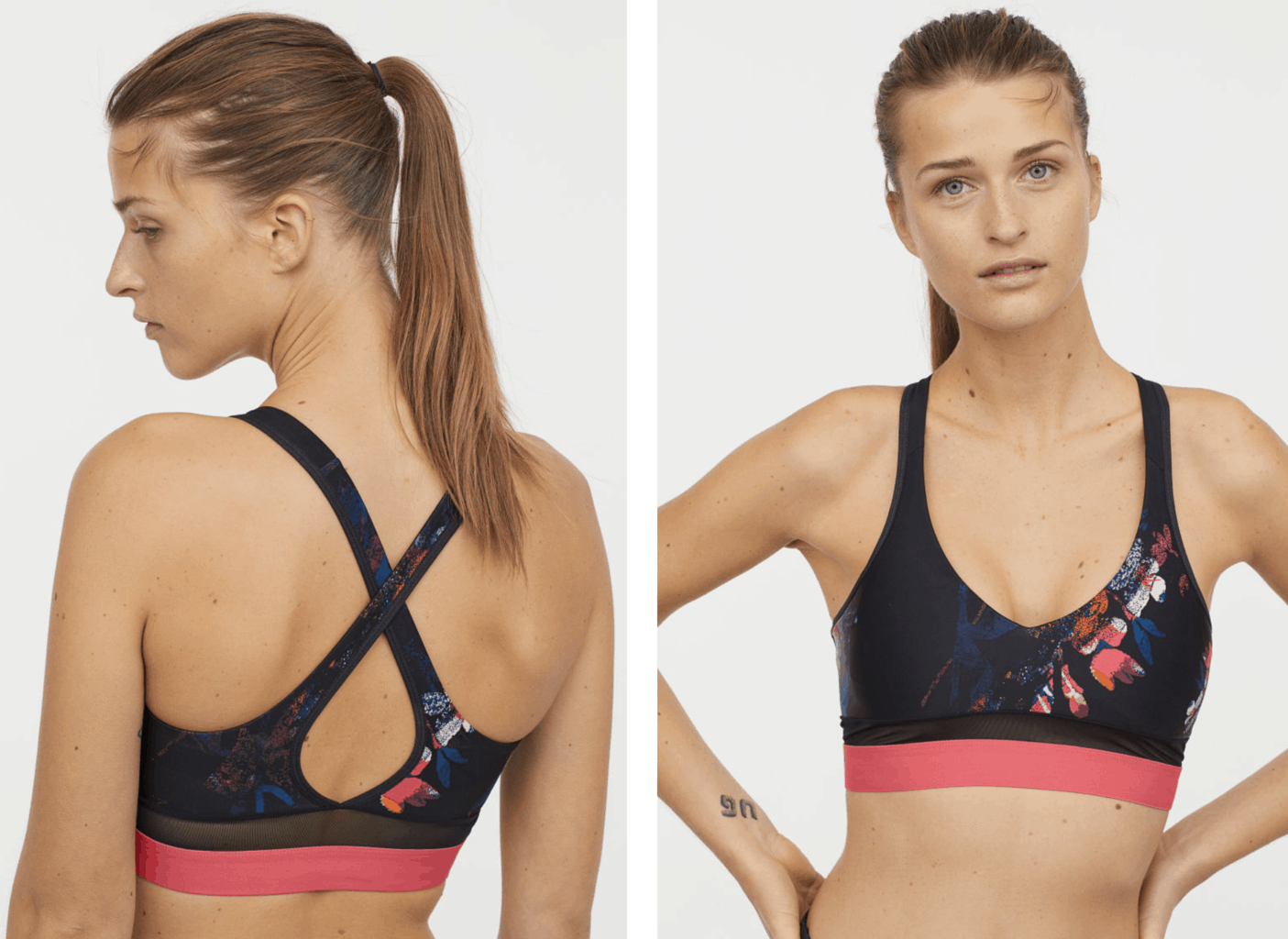 model in black and pink patterned sports bra