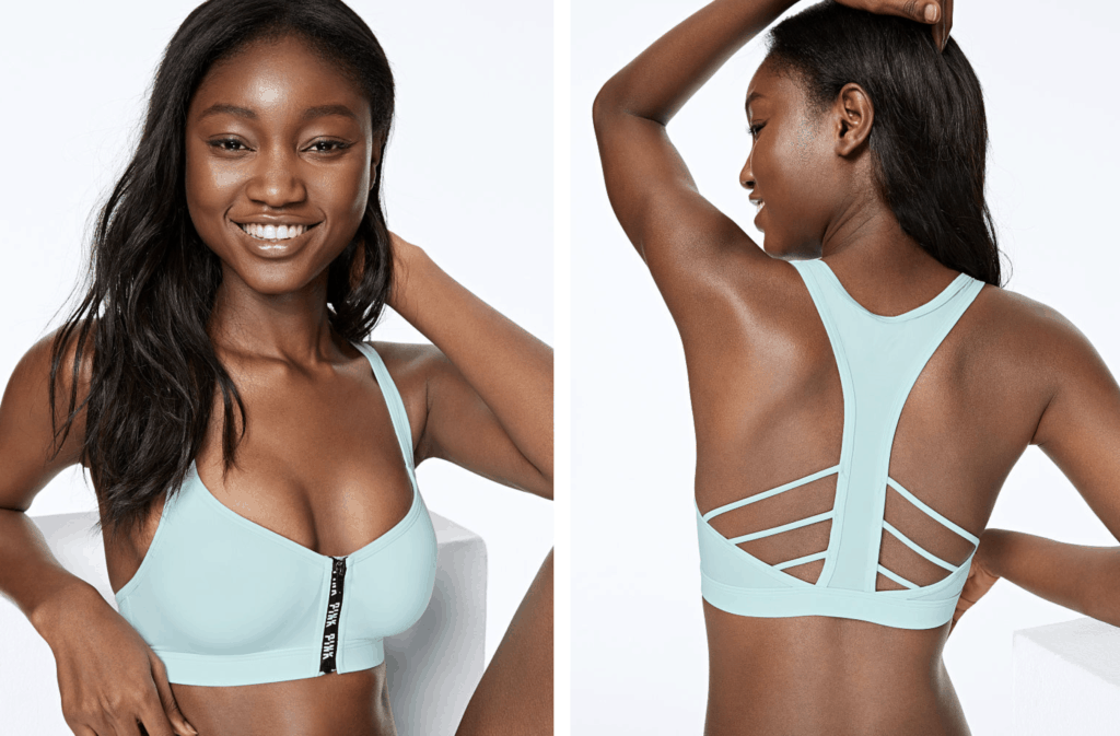 model in mint blue sports bra