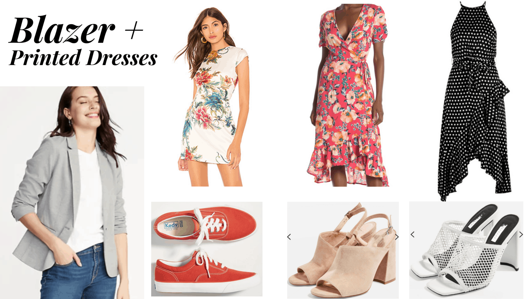 outfit panel with grey blazer, 3 printed dresses, sneakers, and 2 heels