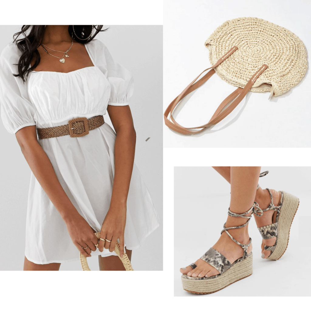 White Dress with platform heels and a woven tote bag