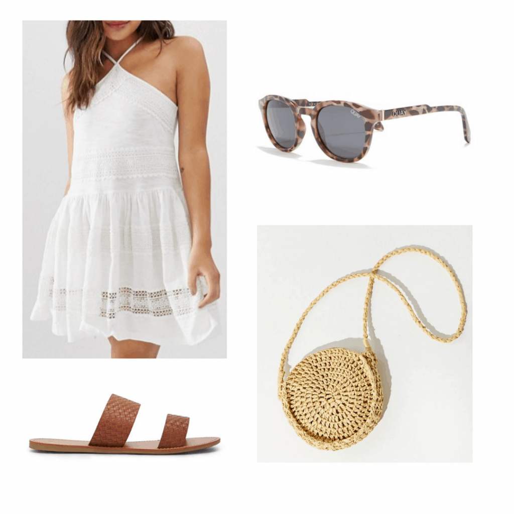 white sundress, tortoiseshell sunglasses, round straw cross body bag, brown slide sandals