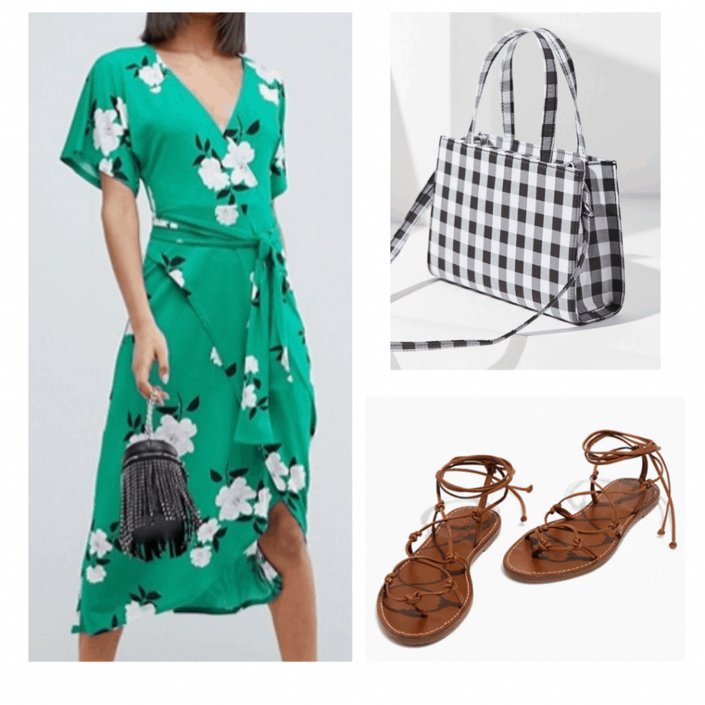 green floral maxi dress, gingham mini cross body bag, brown tie sandals