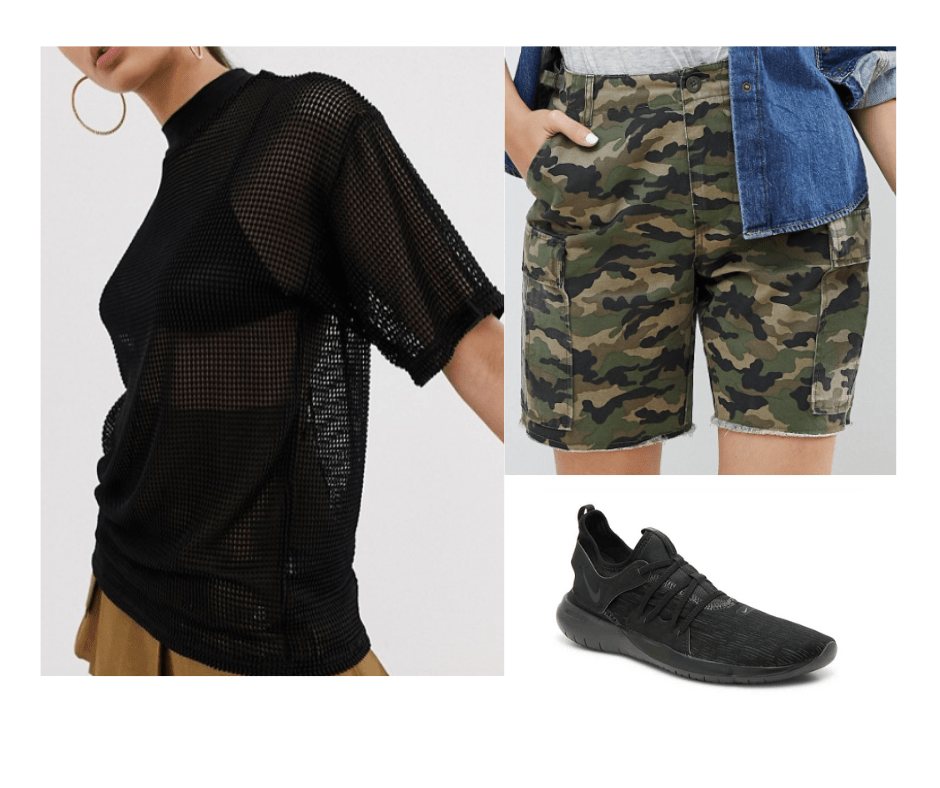 Billie Eilish inspired outfit with camo shorts, mesh oversized top, black sneakers