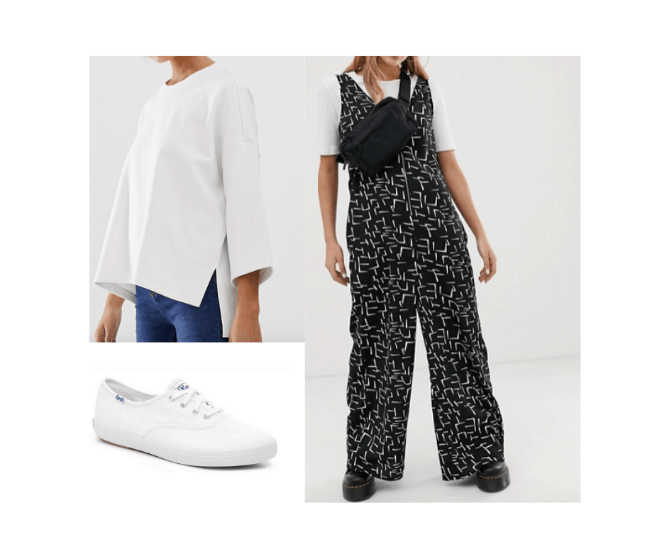 Billie Eilish inspired outfit with patterned jumpsuit, white sweatshirt, white keds