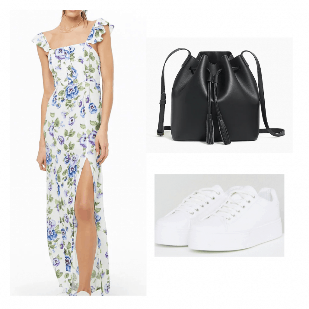 ruffle floral maxi dress with slit, black bucket bag, white sneakers