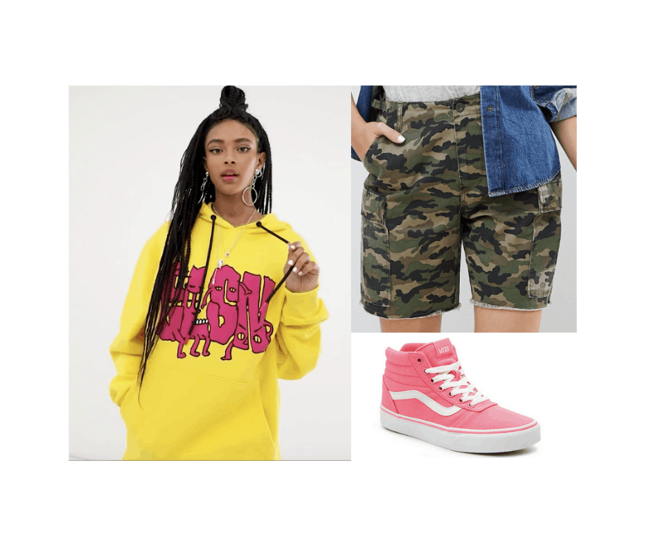 Billie Eilish inspired outfit with pink high tops, yellow and red printed sweatshirt, camo shorts