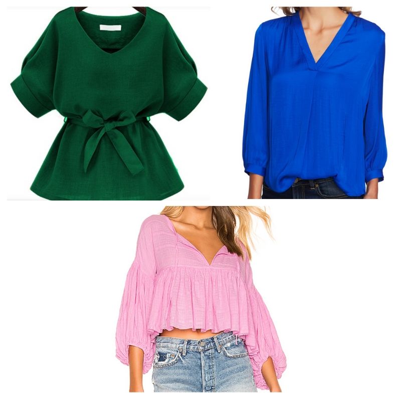 Flowy blouses in green, blue, and pink inspired by Xo's style from Jane the Virgin