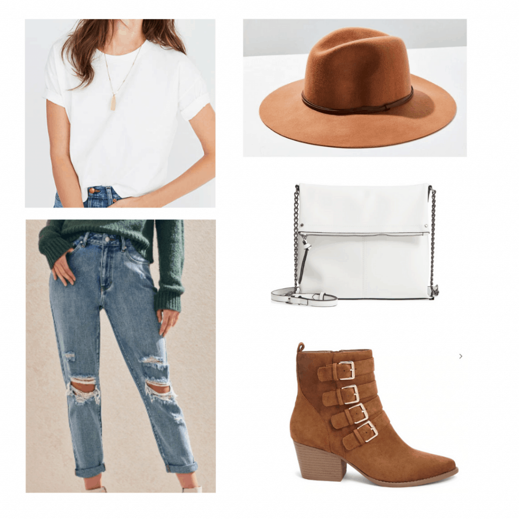 What to wear in South Africa: Outfit for cape town with ripped jeans, white tee, white chain strap bag, oversized felt hat, brown buckle ankle boots