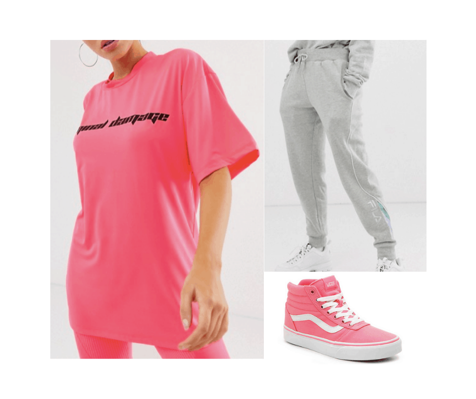 Billie Eilish inspired outfit with pink oversized tee shirt, pink high tops, gray sweatpants