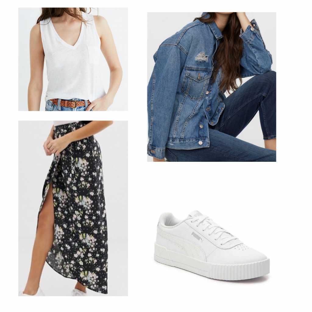 What to wear in South Africa: Outfit for Johannesburg with floral maxi skirt, white Puma sneakers, white pocket tank, distressed denim jacket