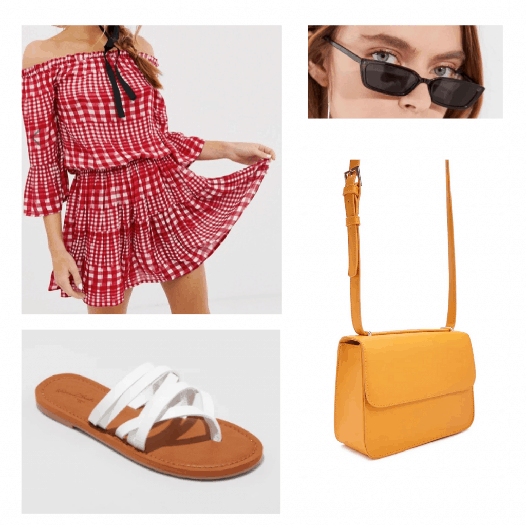 What to wear in South Africa: Outfit for Durban with red ruffle romper, mini sunglasses, white layered strappy sandals, mustard yellow shoulder bag