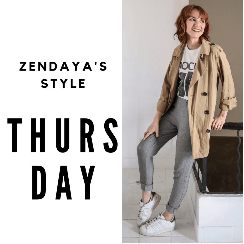 Zendaya Outfit #4 Thursday: joggers, t-shirt, sneakers, coat