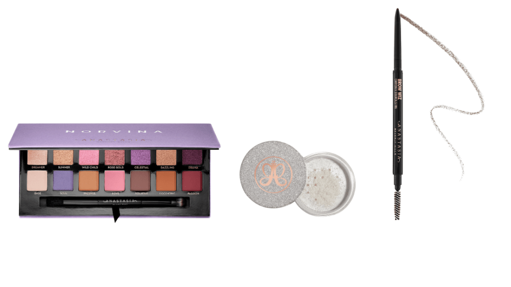 Norvina Eyeshadow Palette, Loose Highlighter (Shown here in shade "Snowflake"), Brow Wiz (Shown here in shade "Soft Brown")