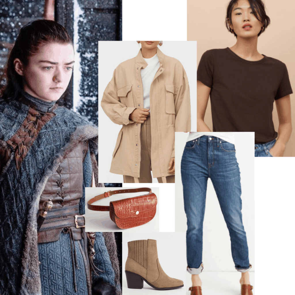 Arya Stark outfit with oversized shirt, brown tee, boyfriend jeans, mid heel boots, fanny pack