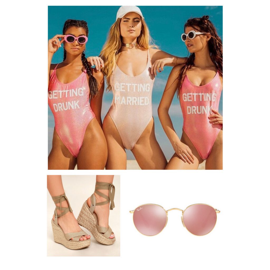 Bachelorette weekend in Miami outfit idea with one-piece bathing suits, espadrilles, sunglasses