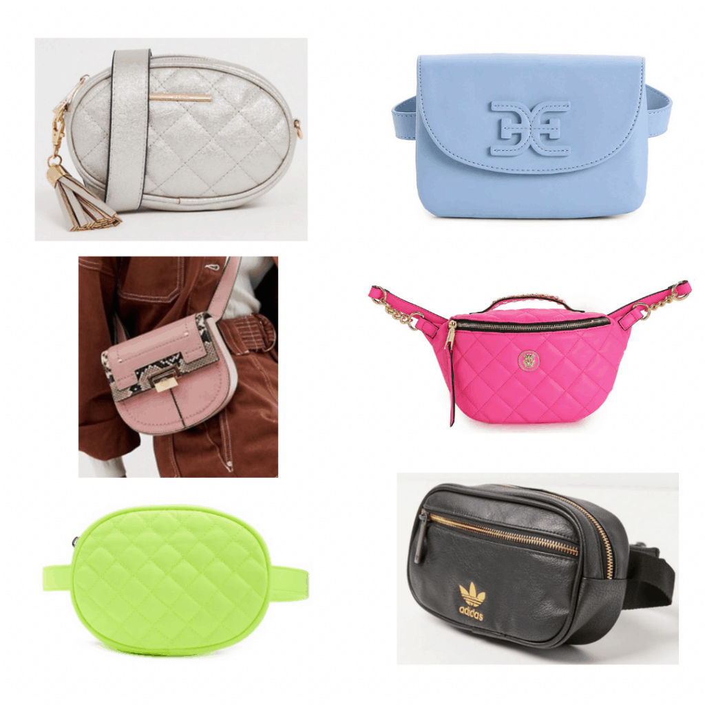 Belt bag: silver belt bag, blue belt bag, snakeskin belt bag, pink quilt belt bag, green quilt belt bag, black and gold belt bag