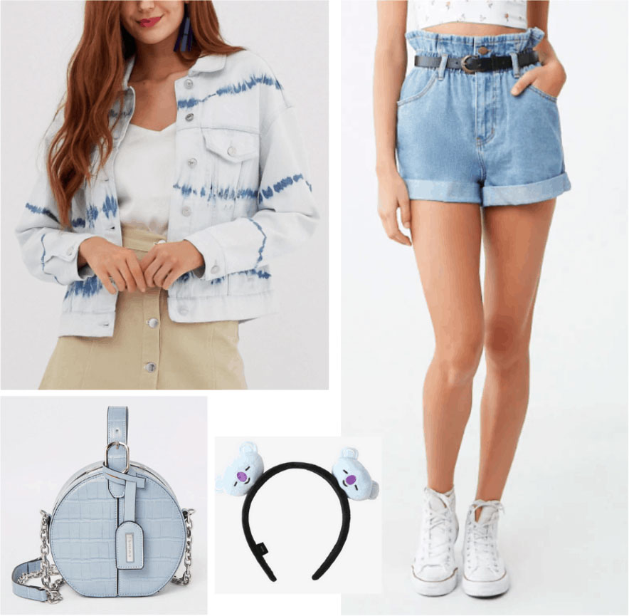 BTS concert outfit with denim shorts, denim jacket, blue bag