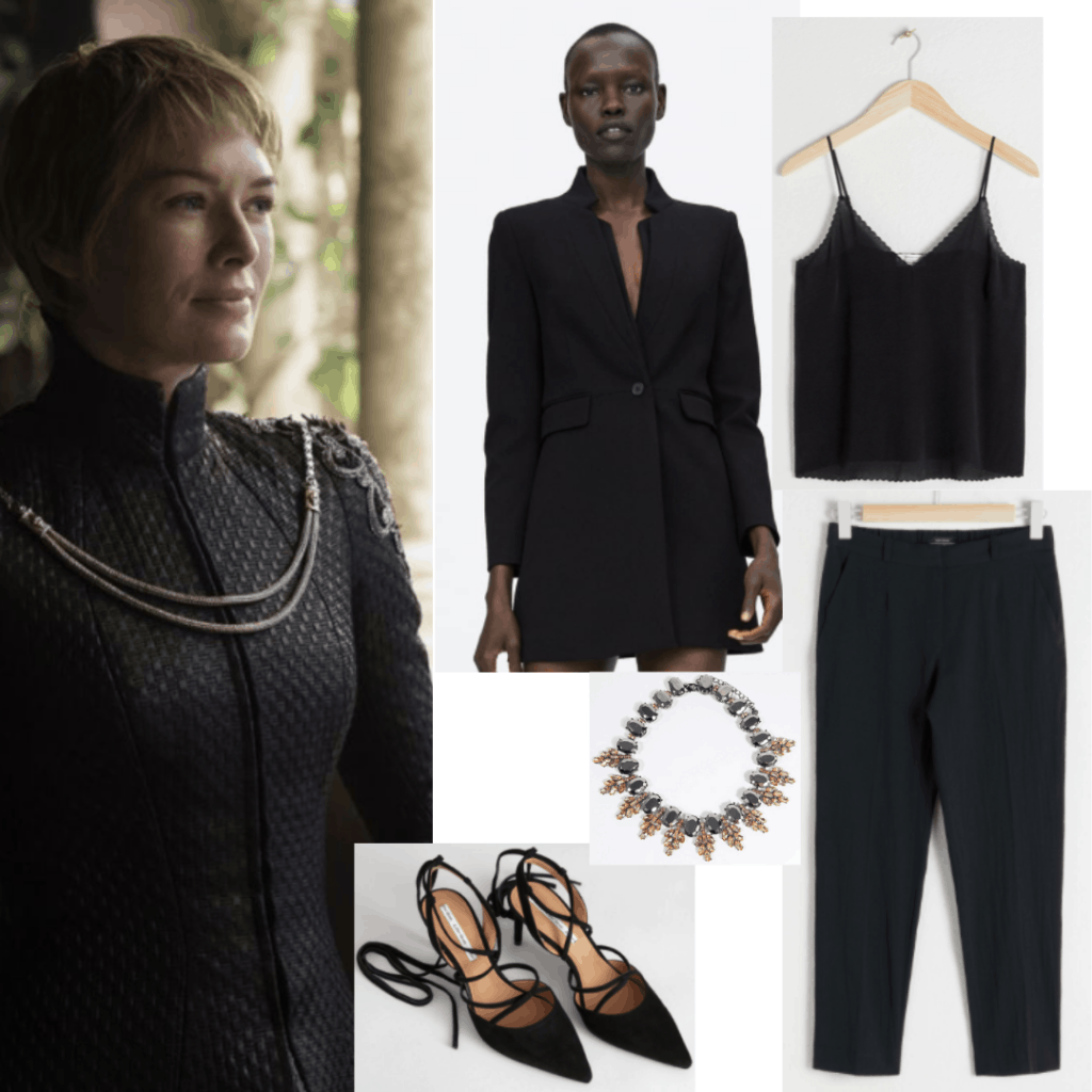 Cersei Lannister all black outfit with black pants, black cami, black blazer, black lace up heels, choker