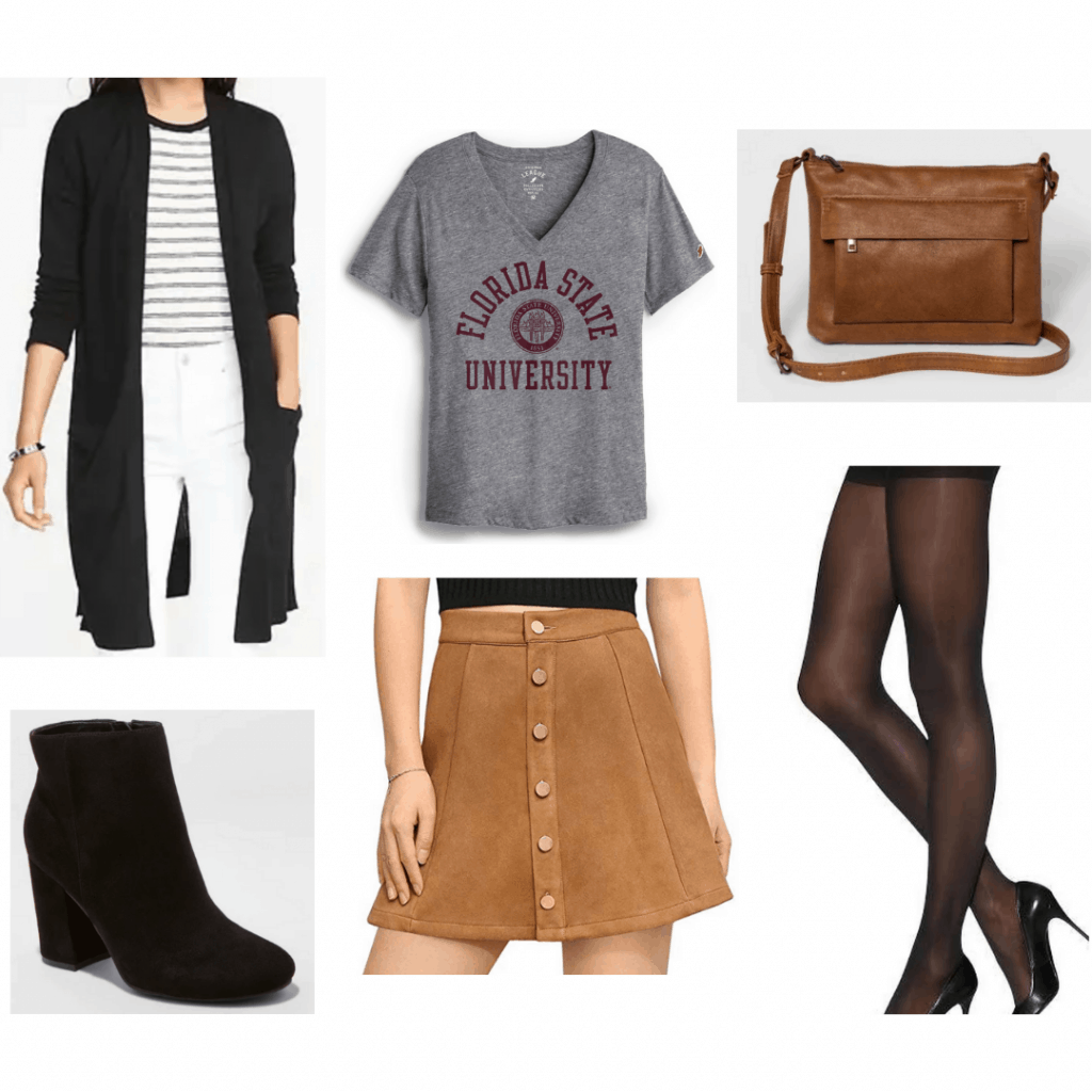 College tee paired with skirt, tights, cardigan, boots, and crossbody bag