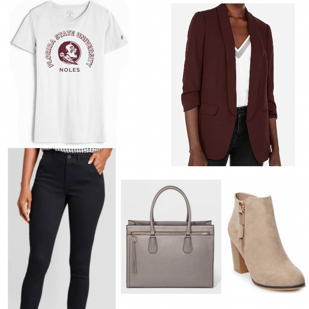 How to dress up a college tshirt - College tee paired with blazer, pants, boots and work bag