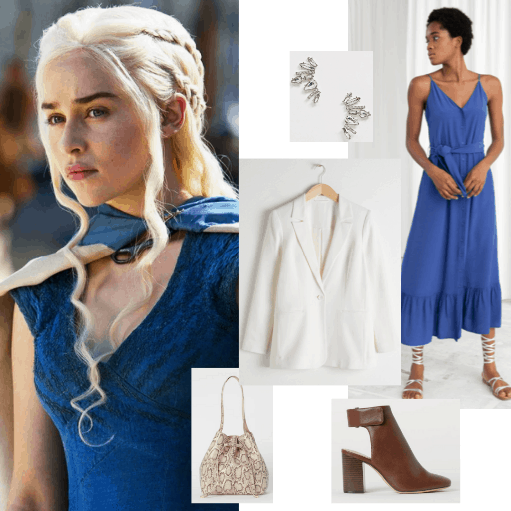 Danaerys Targaryn outfit with blue dress, white blazer, snakeskin bag, jeweled earrings, brown cutout booties