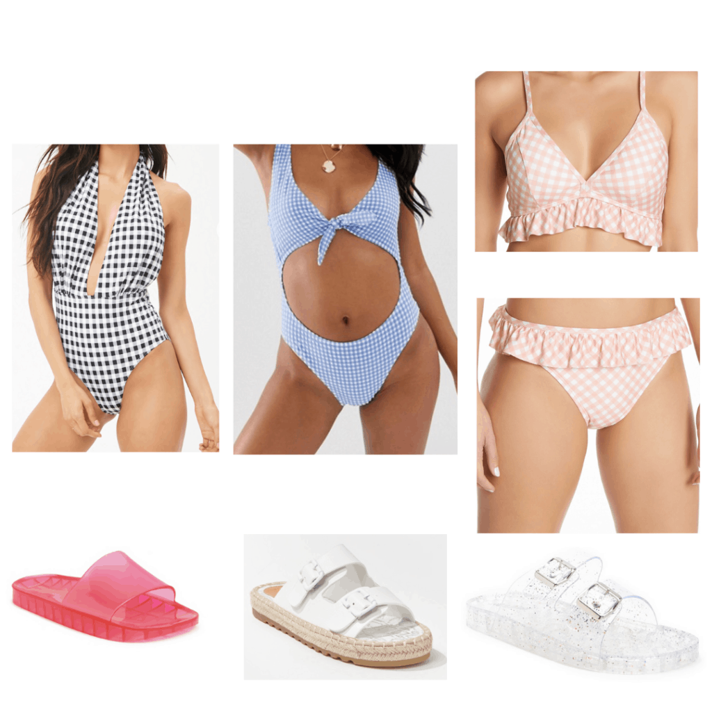 gingham swim outfits: gingham halter one piece, gingham cutout one piece, gingham bikini, pink jelly slides, white espadrille slides, clear jelly slides