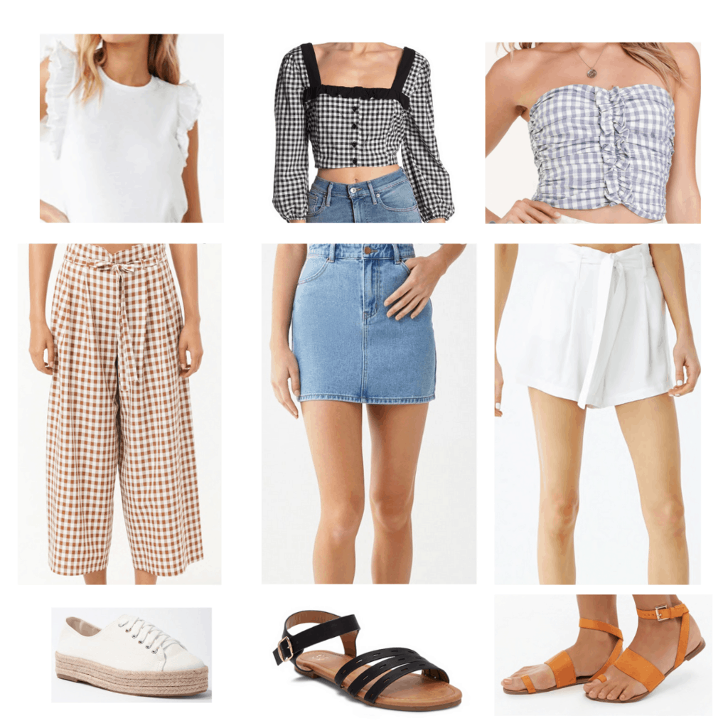 Gingham outfits: ruffle top, gingham crop top, gingham strapless crop top, gingham paper bag pants, denim skirt, white paper bag shorts, espadrille sneakers, black sandals, orange sandals