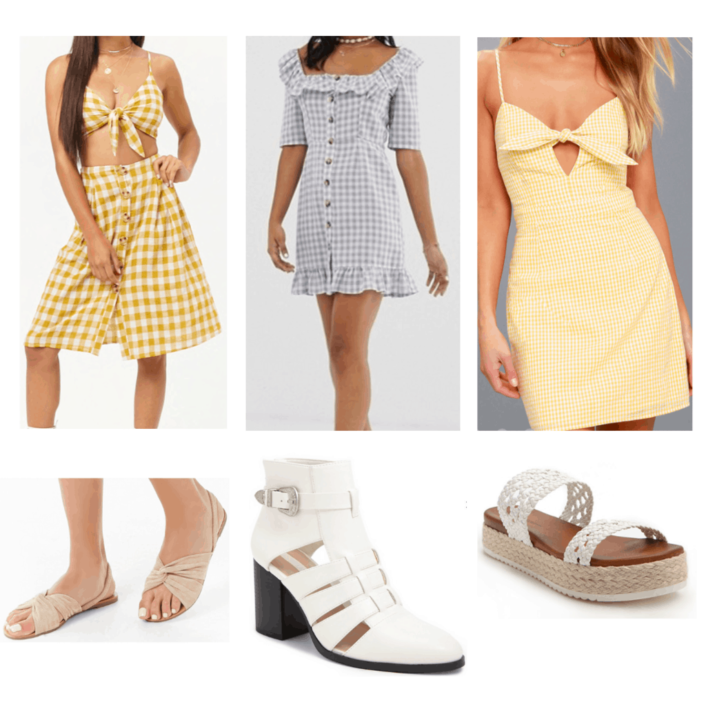 gingham outfits: gingham crop top and skirt set, gingham dress, gingham tie front dress, tan twisted sandals, white cutout booties, white crochet platform sandals