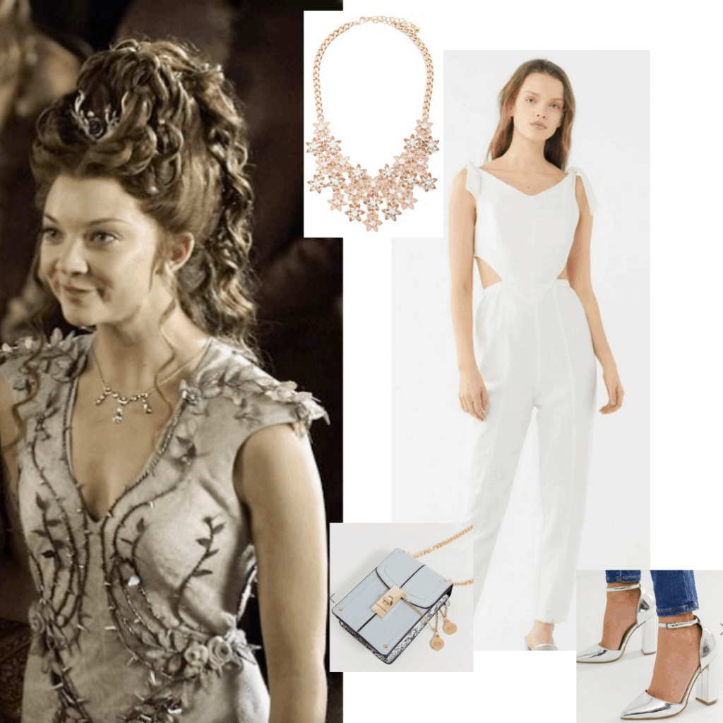 Margaery Tyrell wedding outfit inspired look with white jumpsuit, silver heels, blue bag, star necklace