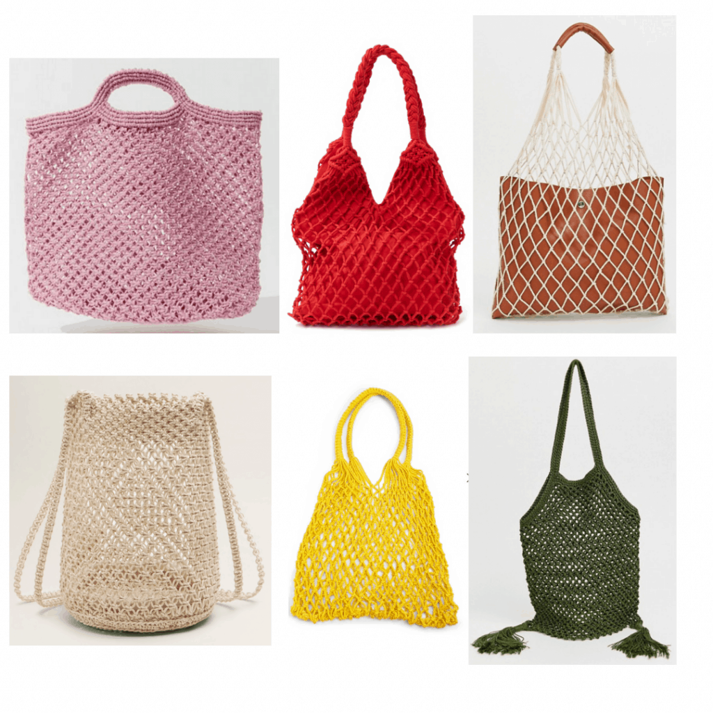 Netted Bags: purple beach bag, red handbag, netted shopper bag, braided net bag, yellow handbag, green fringe bag