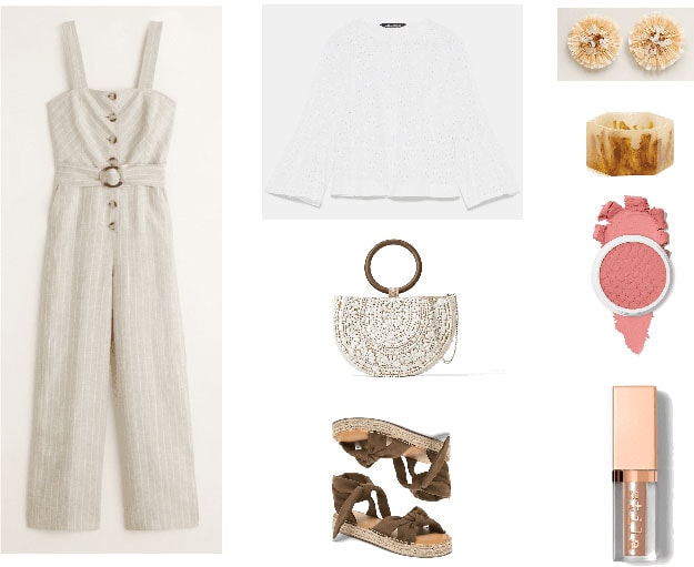 Sleeveless button-front belted jumpsuit in beige with thin white pinstripes, white embroidered eyelet jacket, beaded semi-circle bag with round wooden handle and chain crossbody strap, flatform espadrille tie-up sandals, beige beaded straw-like flower-shaped earrings, beige and brown resin bangle, pale pink blush, pale gold shimmery liquid eyeshadow    