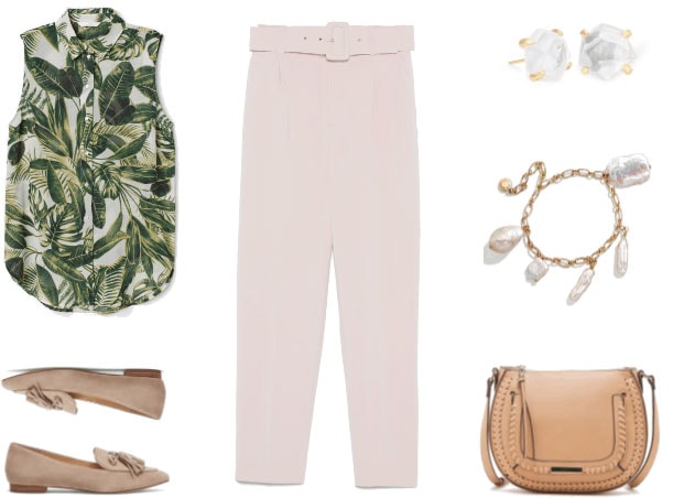 Sleeveless palm-leaf-printed blouse, beige pointed-toe loafers with tassels, pale pink pleated trousers with belt, faceted mother-of-pearl stud earrings, gold chain bracelet with dangling baroque pearls, beige crossbody bag with whipstitching