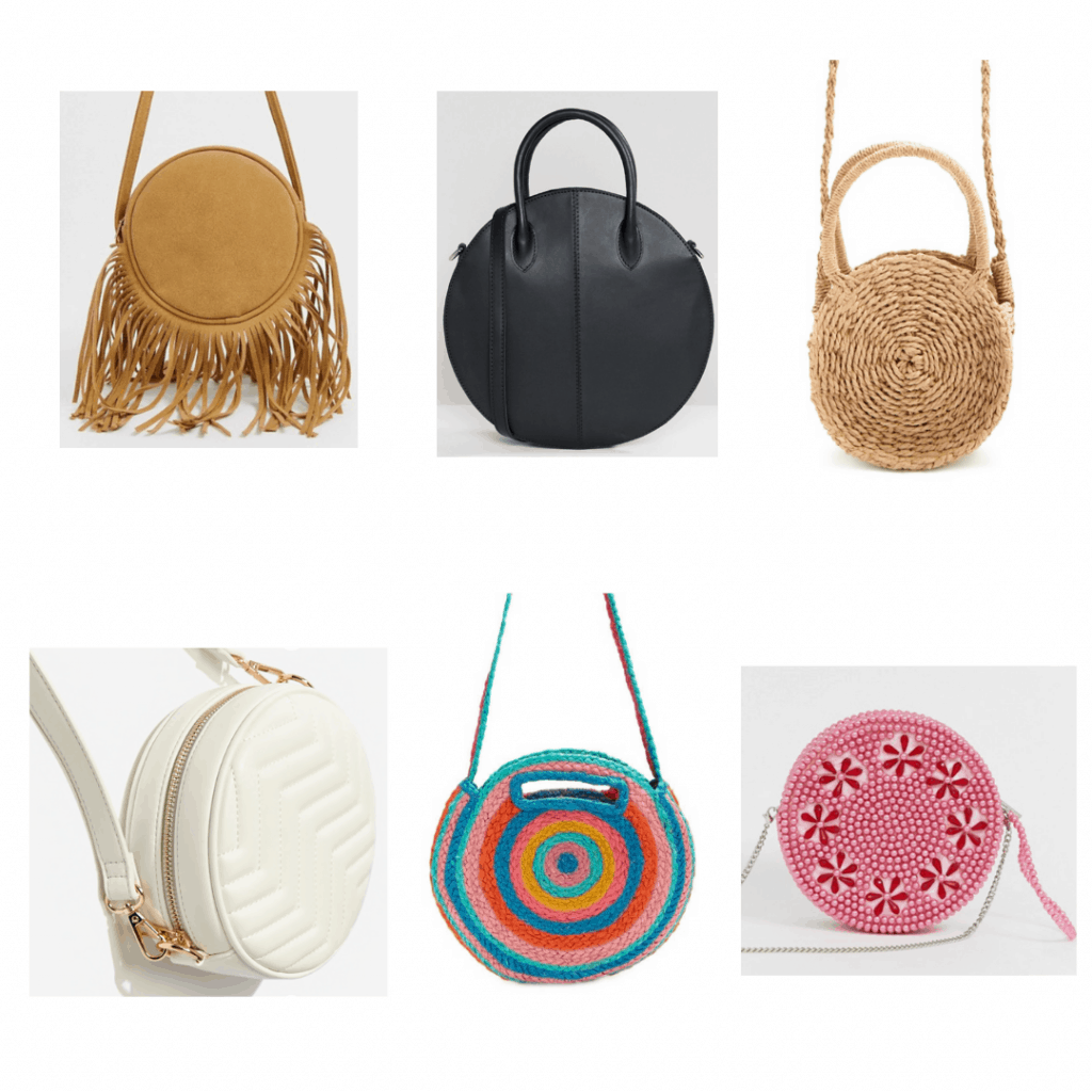 Circle Bags: brown fringe circle bag, large black circle bag, straw circle bag, quilted round crossbody, rainbow straw circle bag, beaded circle bag