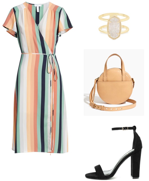 Summer wedding outfit for a church wedding - striped wrap dress with short sleeves, simple ring, circle bag, chunky block heels