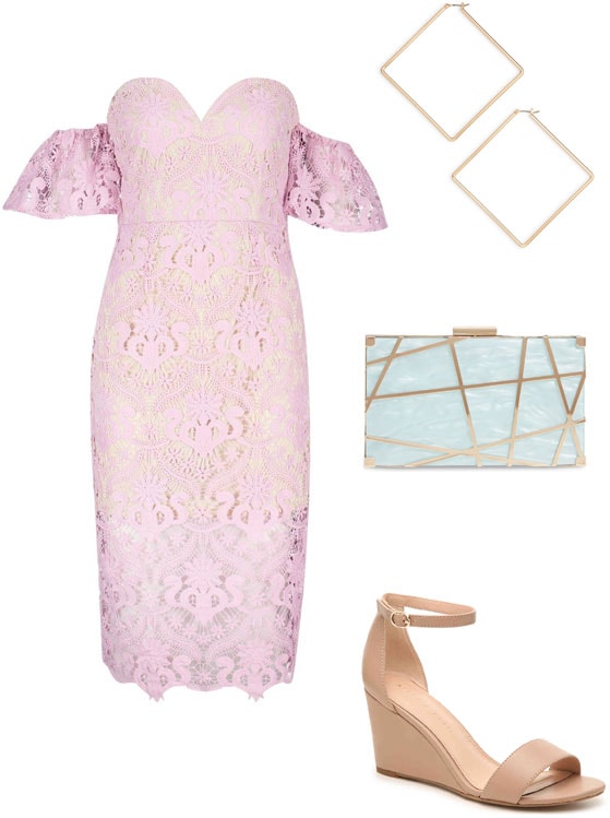 Summer wedding outfit for a garden party: Pink lace dress, pale blue statement box clutch, square earrings, nude wedges