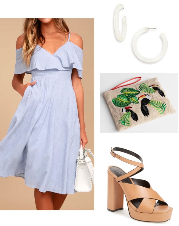 Summer wedding outfit for a beach wedding or destination wedding: Ruffle dress in baby blue, hoop earrings, tucan clutch, brown strappy platform heels