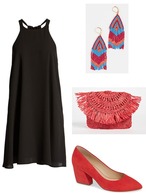 Summer wedding outfit for cool cocktail hour wedding: Little black dress, funky earrings, colorful clutch, red shoes