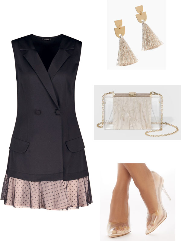 Trendy summer wedding outfit for a posh wedding: Black and nude polka dot blazer, tassel earrings in beige, clear clutch, clear heels