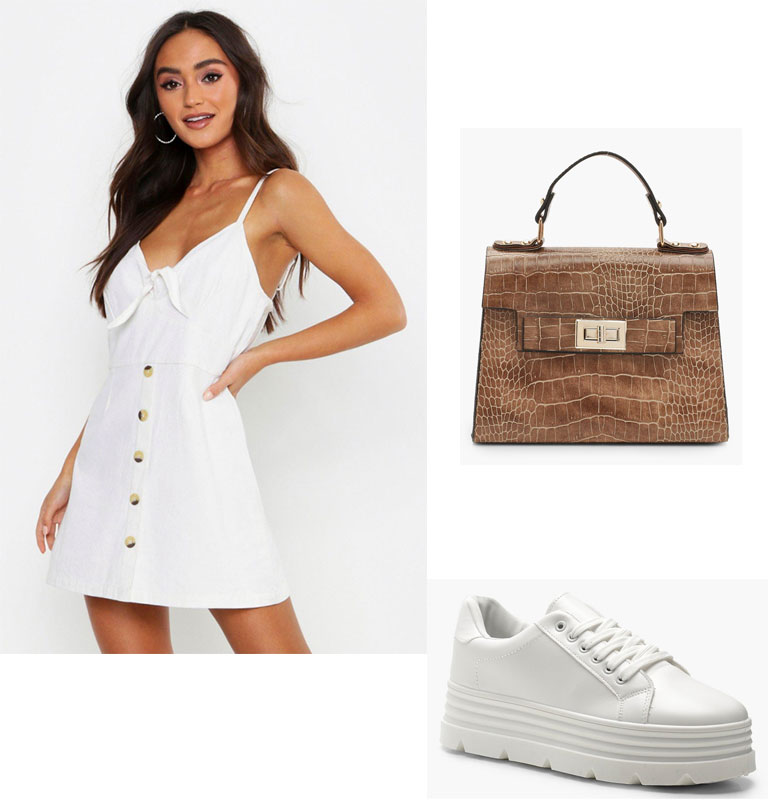 Summer outfit combos to get that Instagram girl style: Girly mini dress plus white sneakers plus mini bag