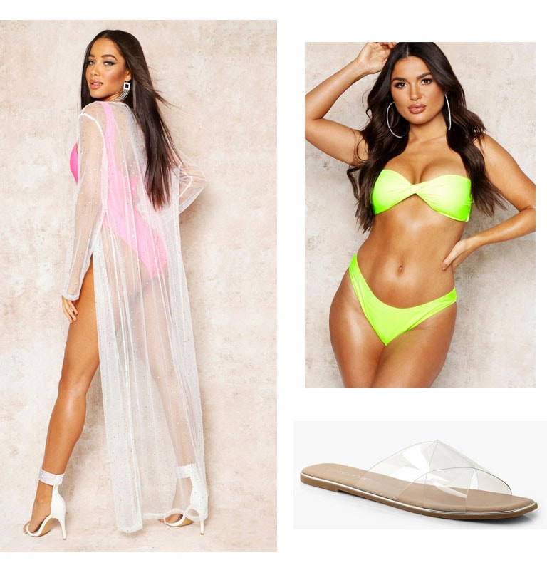 Outfit inspired by Boohoo in paradise influencer summer vacation -- Dramatic sheer beach cover up, neon bikini, clear slides