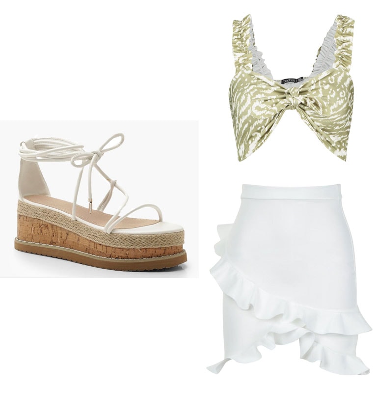 Vacation outfit inspired by Instagram girls -- green animal print crop top, white frilly skirt, espadrille flatforms