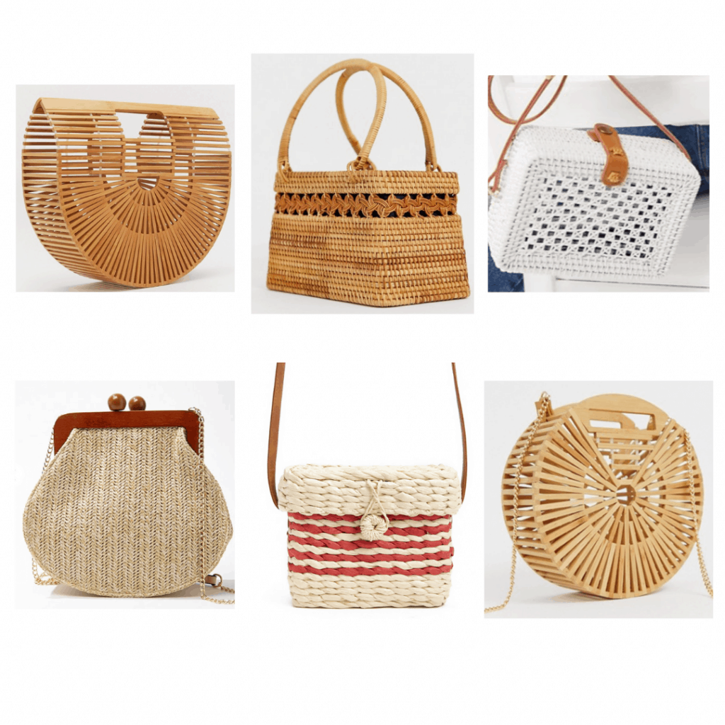 Summer 2019 bag trends -- Wicker bag: Wood clutch, wood picnic bag, white picnic crossbody, wicker crossbody, wicker striped crossbody, wood crossbody