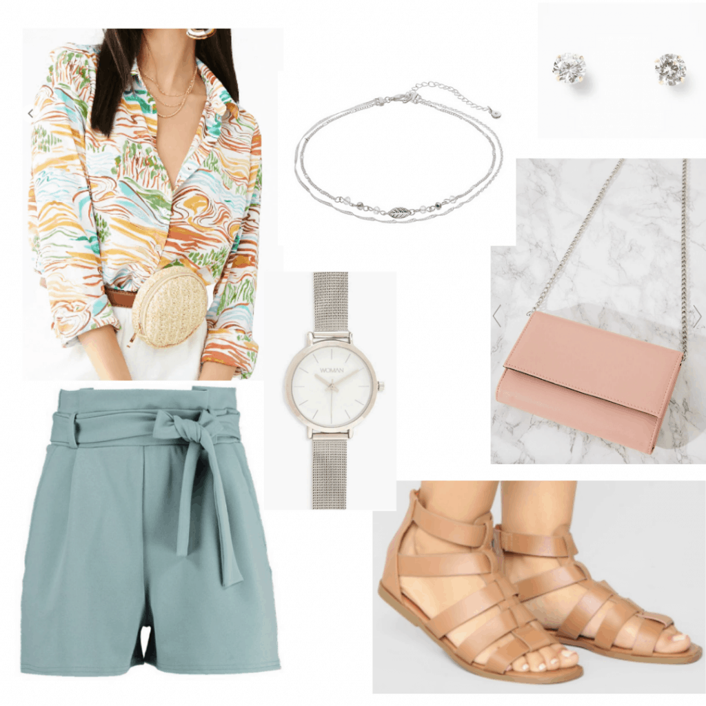 What to wear to a carnival - outfit idea with printed button down shirt, tie waist shorts, strappy sandals, jewelry, chain strap bag