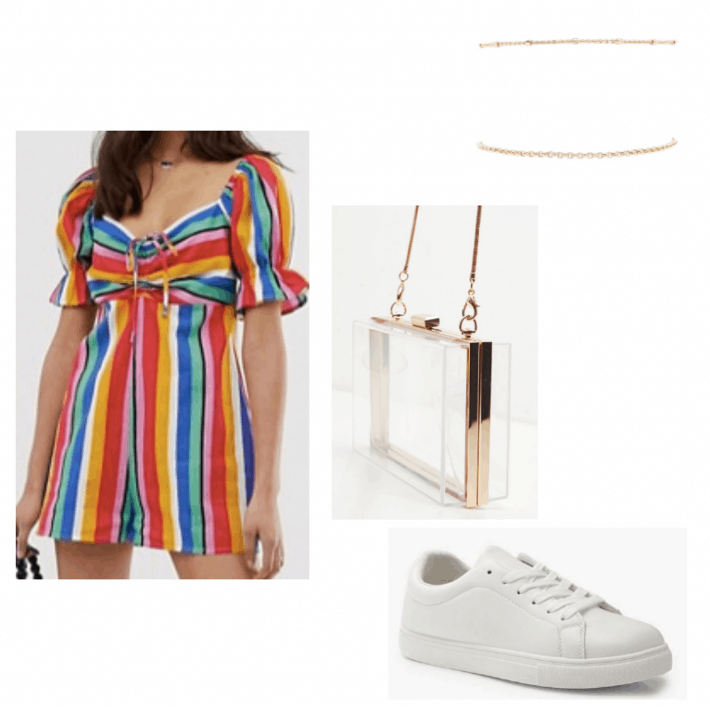 Outfit idea for a carnival with brightly colored romper, clear bag, sneakers