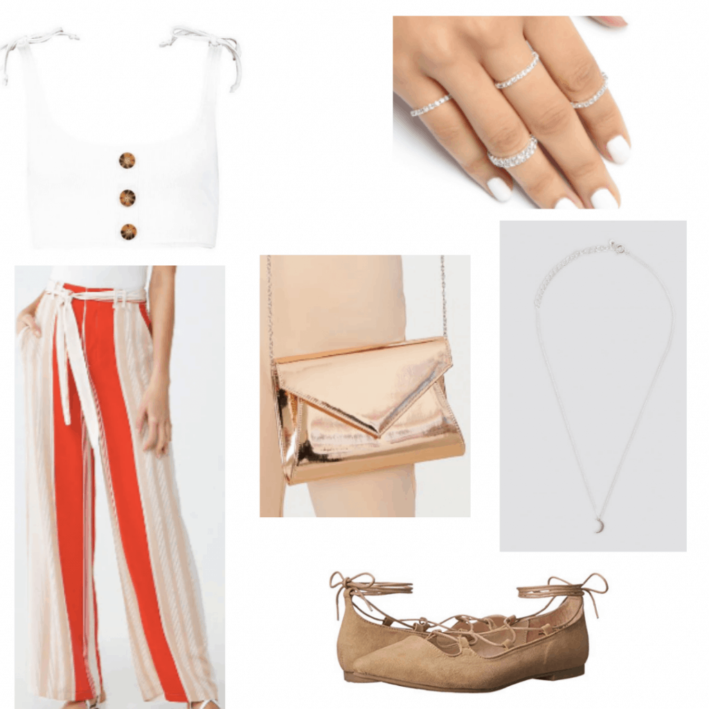 What to wear to a carnival with vertical striped pants, white crop top, metallic bag, lace up flats