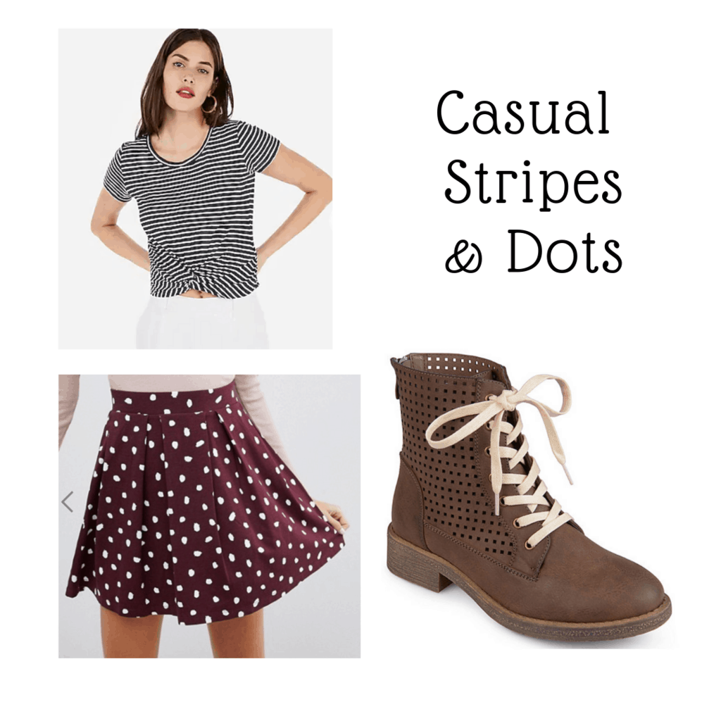 outfit panel with striped crop tee, brown boots, and polka dotted skirt