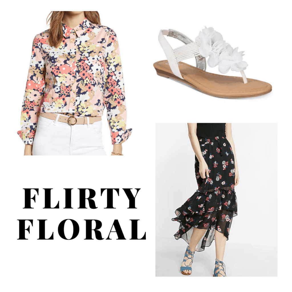 outfit panel with floral button up, floral maxi skirt, and white floral sandals