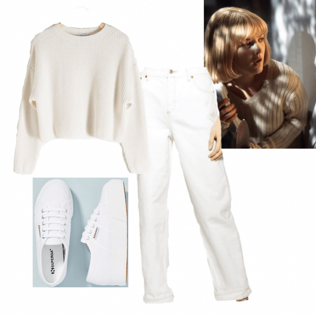 GENRE BREAKDOWN OUTFIT 1: CASEY  FROM SCREAM white jeans, sweater and sneakers