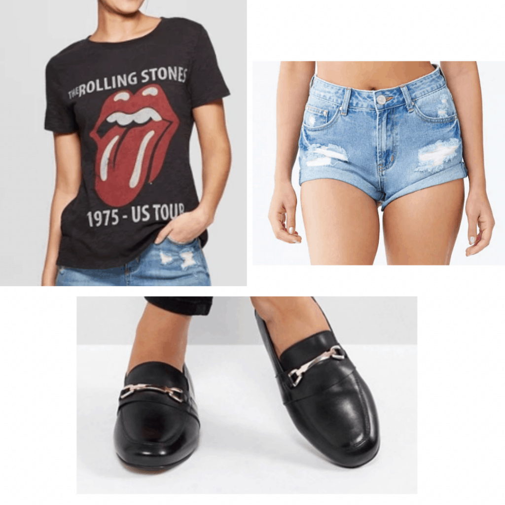 Black loafers with black band t shirt and distressed denim shorts