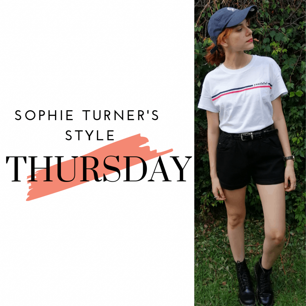 Sophie Turner's Style Thursday: t-shirt, denim shorts, boots and baseball cap.